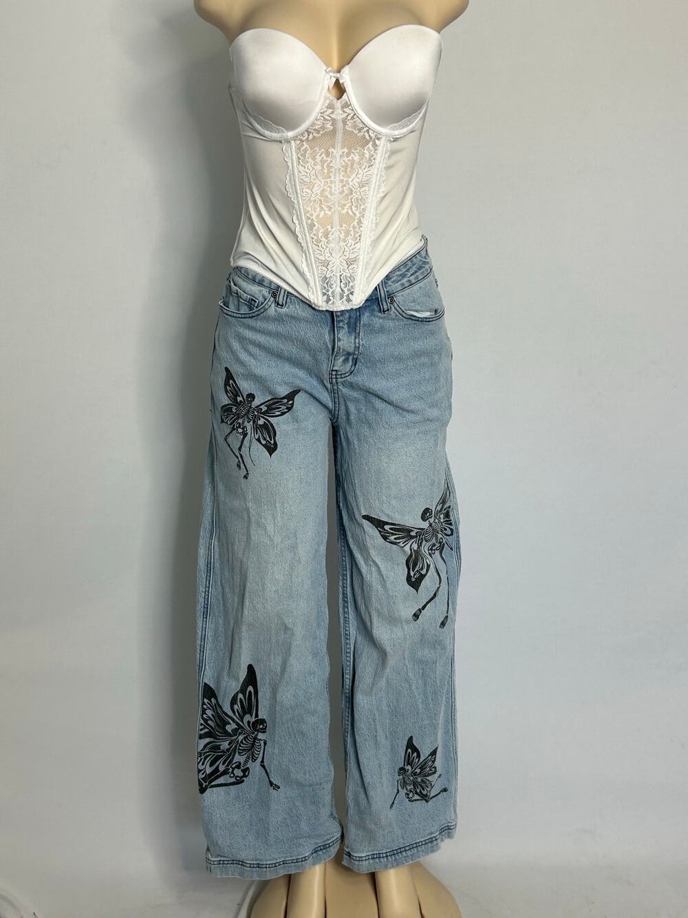 Hot Topic Size 5 Skeleton Fairy Wide Leg Jeans Light Wash Goth Y2K
